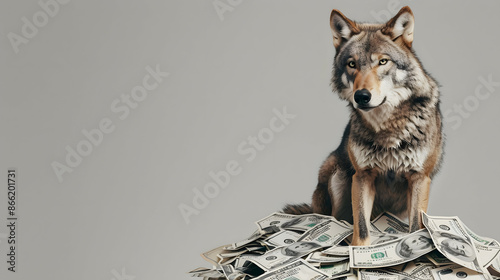 A scene where a wolf is sitting on a pile of dollar bills and looking straight ahead. photo
