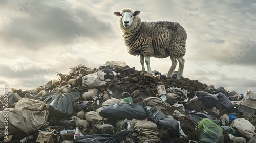 A lost sheep stands frozen on top of a pile of garbage thrown away by people. photo