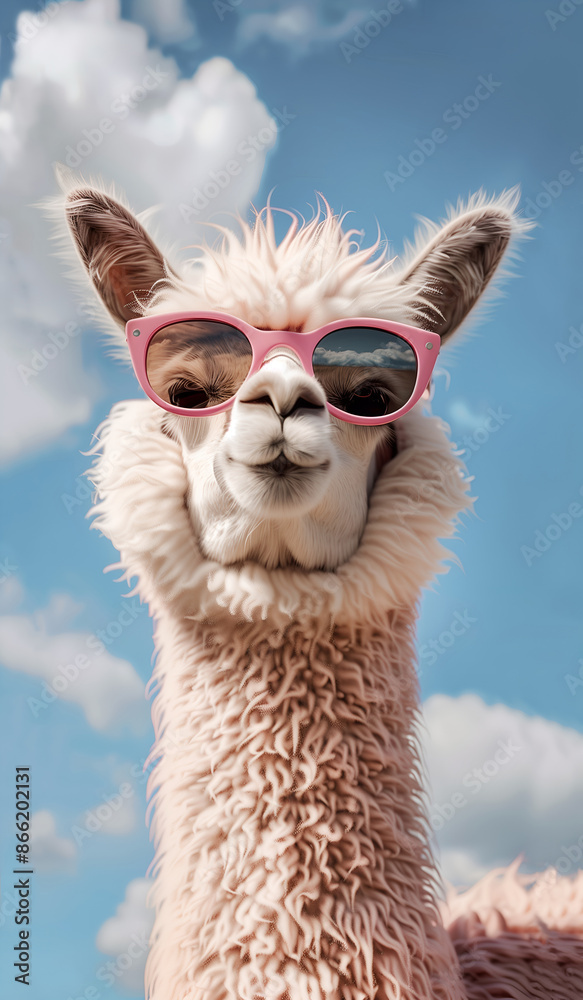 Obraz premium Realistic image funny fluffy alpaca with sunglasses over blue sky and clouds background. Fashion portrait of an alpaca with hipster sunglasses over. Ecotourism , animal concept.