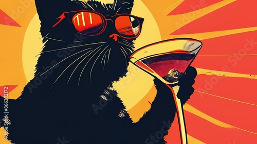 A black cat wearing sunglasses, sipping a martini, in a minimalist graphic style, with a mid-century atomic and post-internet art background. photo