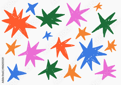 Set of abstract playful stars shape. . Retro spiked circle stickers. Bursting explosion star background.