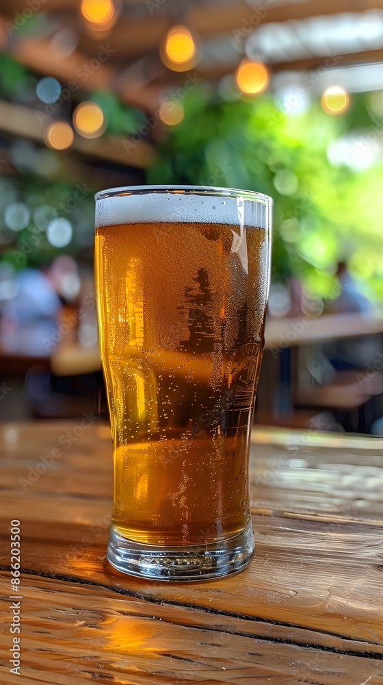 Cold amber colored beer in a glass on a rustic wooden table in an outdoor pub setting Cold amber colored beer in a glass on a rustic wooden table in an outdoor pub setting