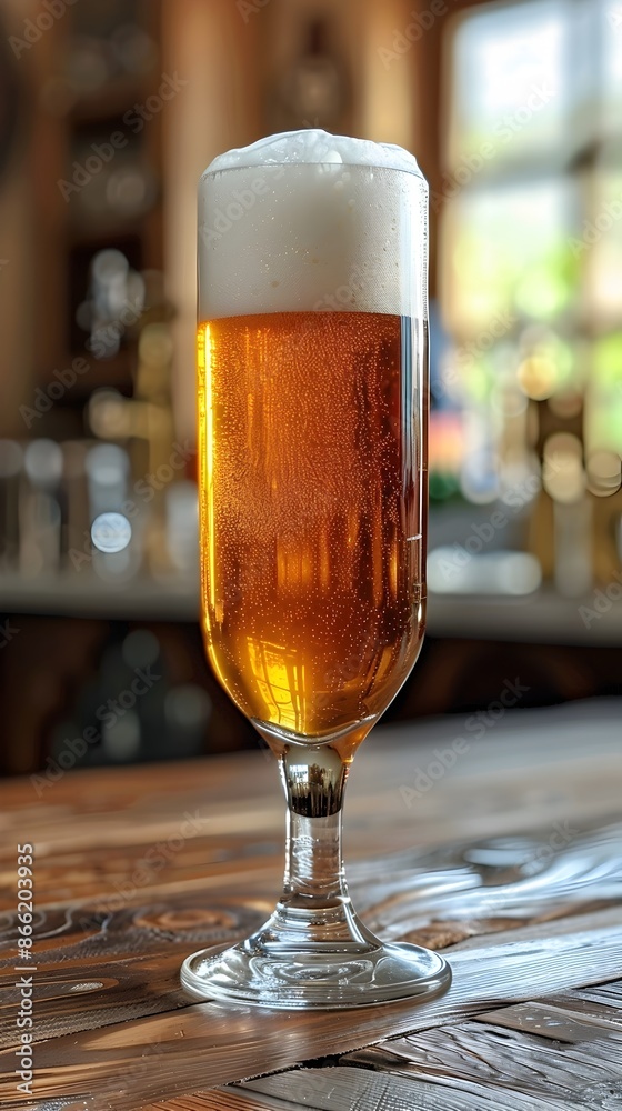 Close up View of a Frothy Amber Beer Served on a Wooden Tabletop in a Bar or Pub Setting Close up View of a Frothy Amber Beer Served on a Wooden Tabletop in a Bar or Pub Setting