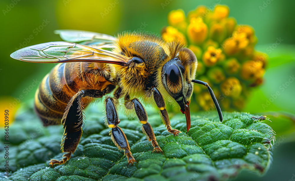 Fototapeta premium A bee is standing on a leaf, looking at the camera