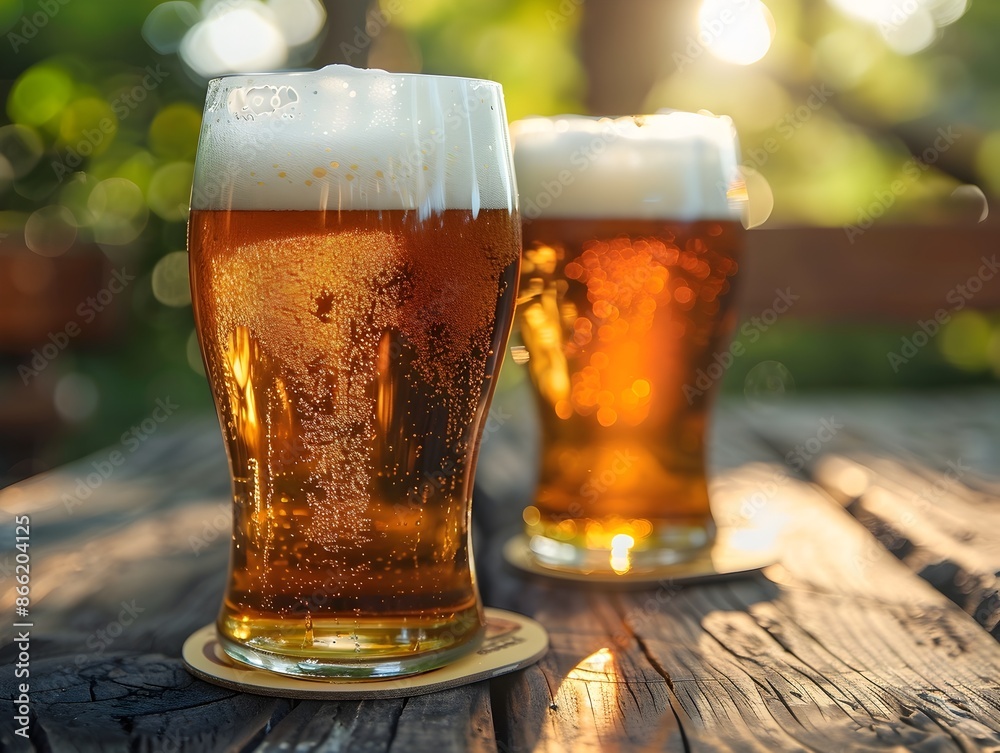 Refreshing Amber Lager Poured into Glasses on Rustic Wooden Outdoor Table Refreshing Amber Lager Poured into Glasses on Rustic Wooden Outdoor Table