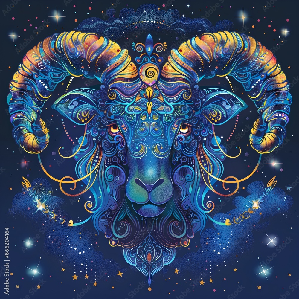 Create an intricate design of the Aries zodiac sign, with vibrant colors and celestial elements. The ram's head should be central surrounded by stars or cosmic patterns representing its energetic natu Create an intricate design of the Aries zodiac sign, with vibrant colors and celestial elements. The ram's head should be central surrounded by stars or cosmic patterns representing its energetic natu