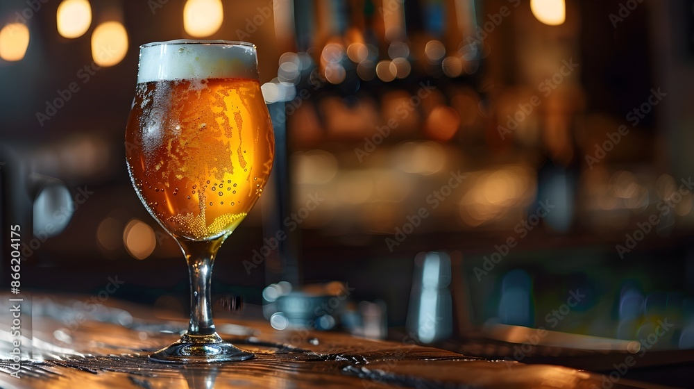 Amber colored Beer Pint Glass on Wooden Bar Counter in Cozy Pub or Bar Setting Amber colored Beer Pint Glass on Wooden Bar Counter in Cozy Pub or Bar Setting
