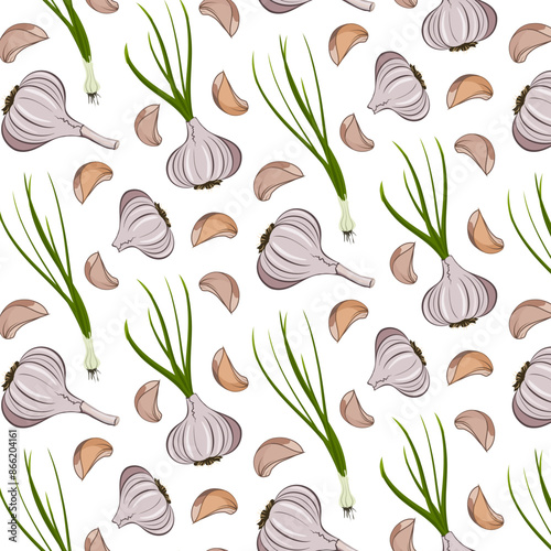 Vector pattern with garlic.Slices and heads of garlic on a transparent background in a color vector pattern.