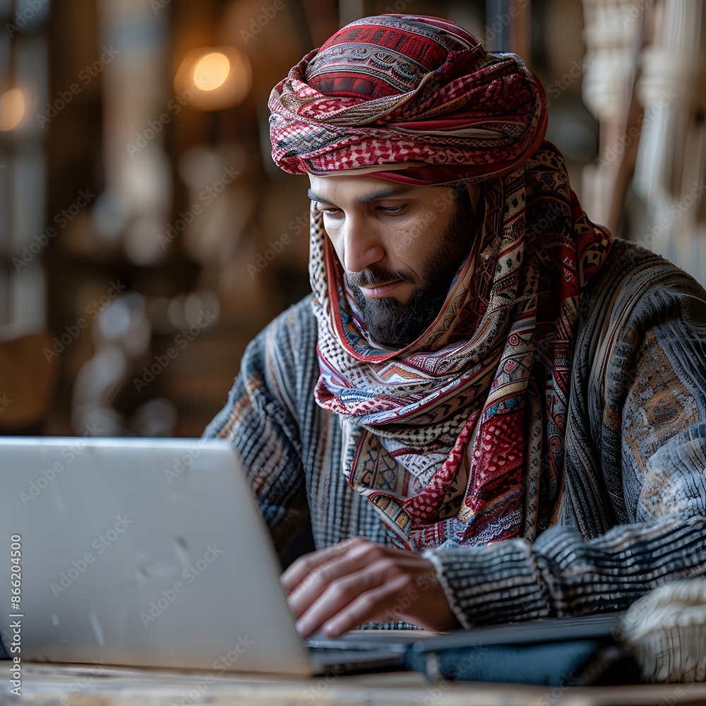 Man in Traditional Headwear Using a Laptop Man in Traditional Headwear Using a Laptop
