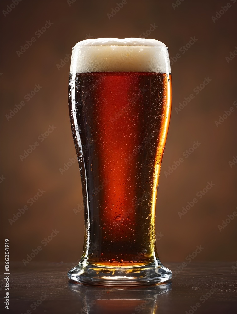 Frosty Glass of Amber Craft Beer on Rustic Wooden Table