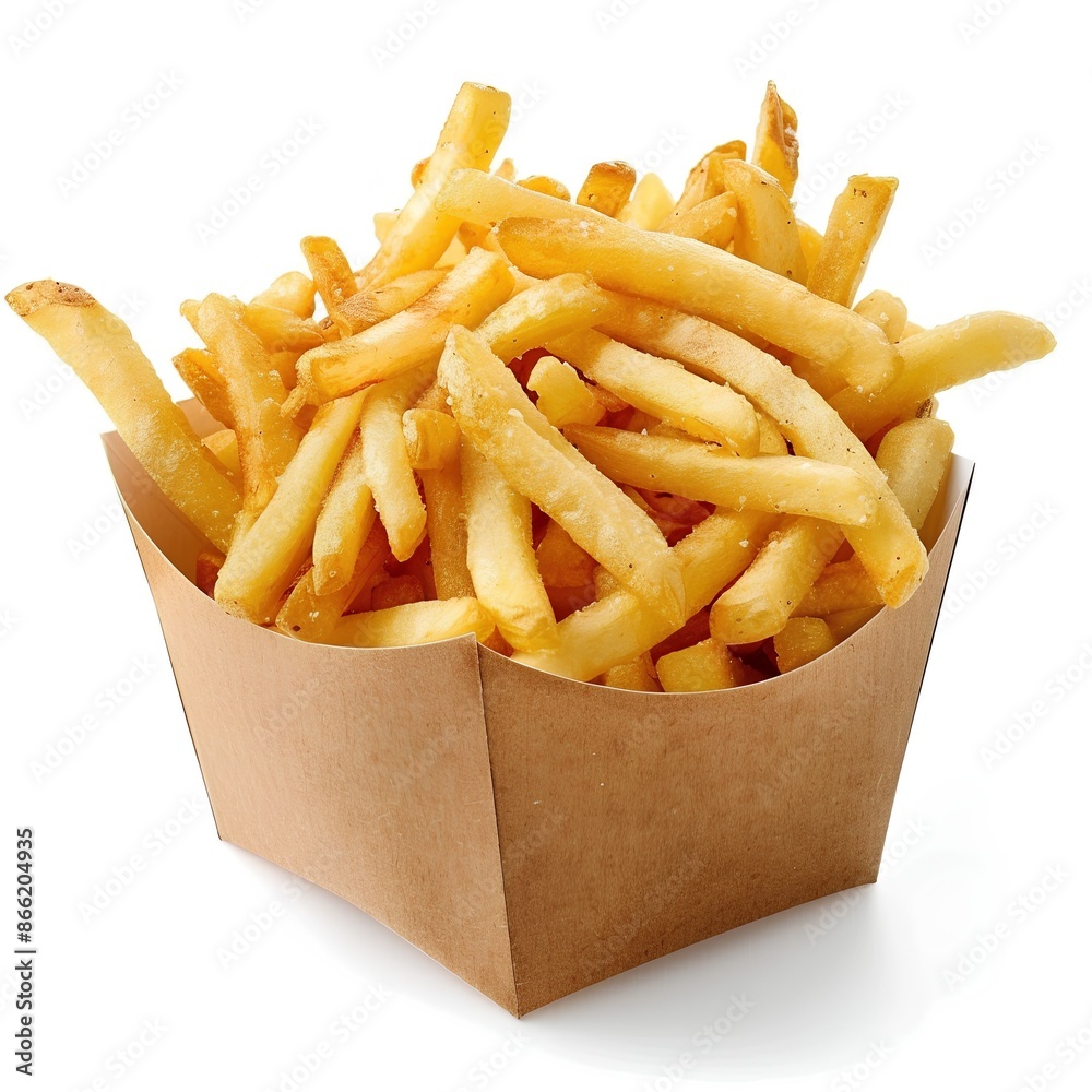 A small cardboard container of french fries against a white background, photographed with high resolution in the stock photo style. A small cardboard container of french fries against a white background, photographed with high resolution in the stock photo style.