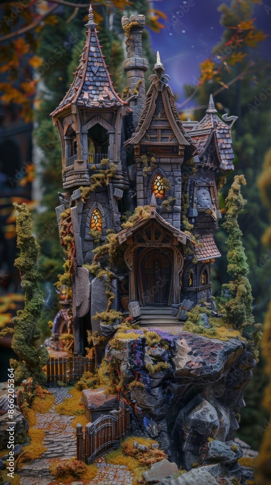 Fototapeta premium Enchanted Forest Hideaway. Fairy Tale Cottage with Glowing Windows at Night