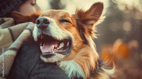 A dog is laughing while being hug by a human © Various Backgrounds