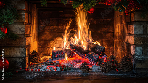 Cozy fireplace with burning logs, decorated with pine cones and red ornaments.