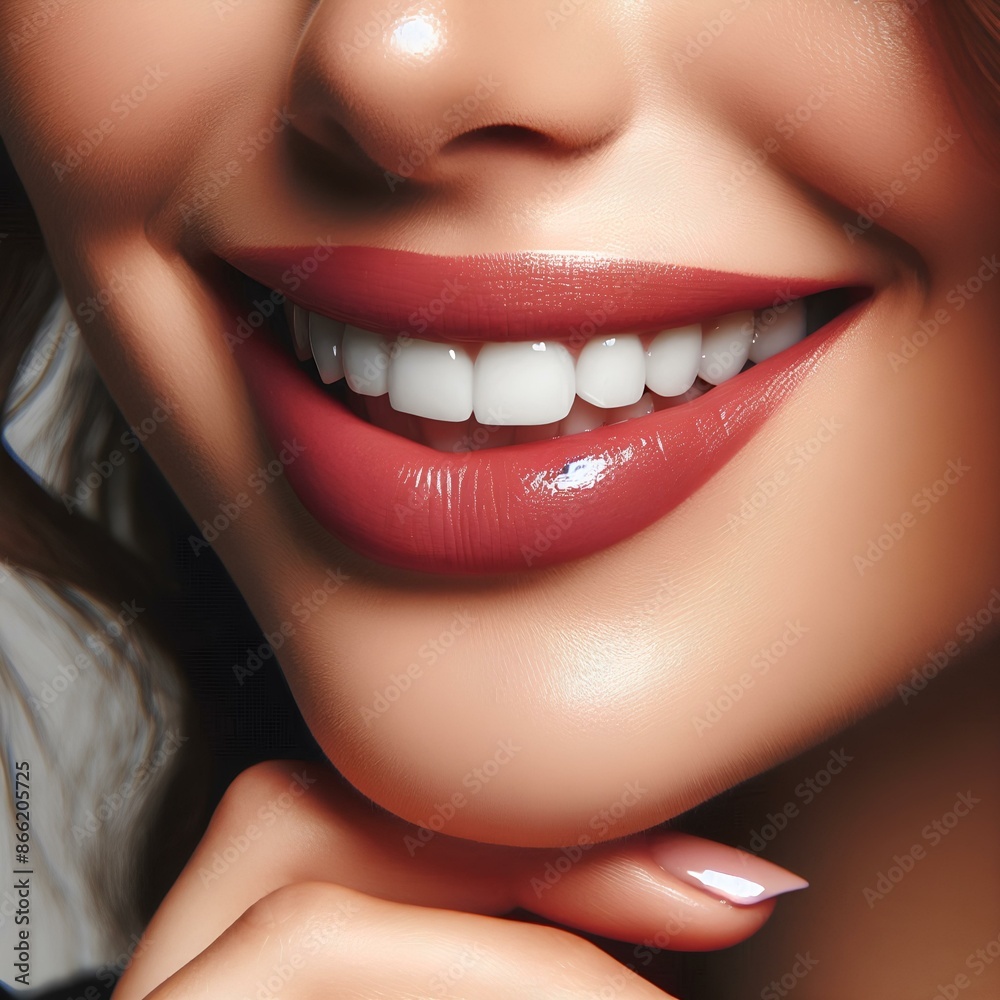 Close-up woman's face with beautiful white teeth and lipstick, Beautiful woman, beautiful teeth, Close-up of an attractive woman's smile.