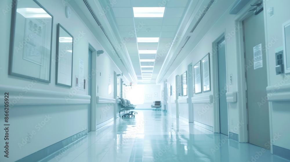 A clean, sterile hospital corridor with a few healthcare professionals discussing patient charts. The walls have framed artwork to provide a calming effect. A clean, sterile hospital corridor with a few healthcare professionals discussing patient charts. The walls have framed artwork to provide a calming effect.