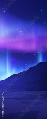 The night sky illuminated by the northern lights over the mountains.