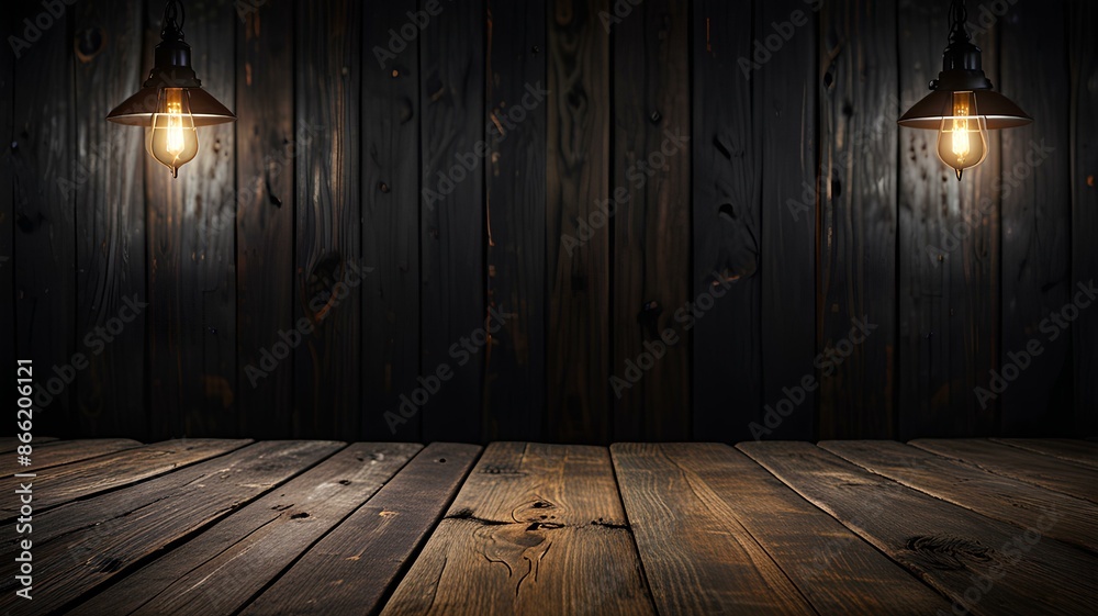 empty wooden planks, dark horror background.