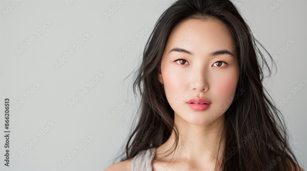 Fototapeta premium portrait of asian woman with long hair, neutral makeup, looking directly at camera against plain white background, soft lighting highlighting features