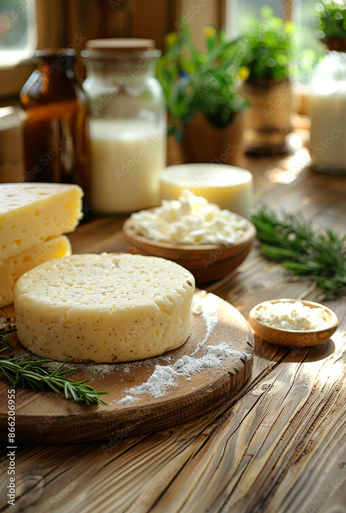 A wooden table with a variety of cheeses and other dairy products. The table is surrounded by potted plants A wooden table with a variety of cheeses and other dairy products. The table is surrounded by potted plants