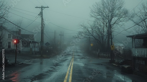 Fototapeta Naklejka Na Ścianę i Meble -  A dark and foggy street in a small town, with minimal visibility and an unsettling atmosphere.