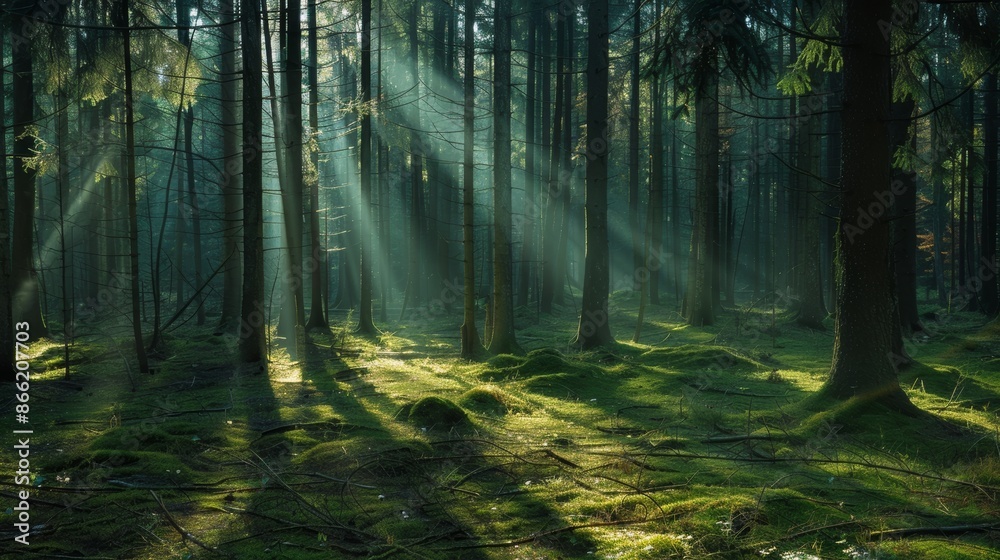 Fototapeta premium A dense forest with sunlight streaming through the tall trees, casting long shadows on the forest floor