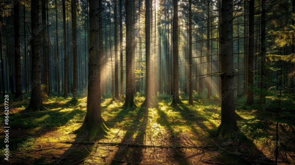 A dense forest with sunlight streaming through the tall trees, casting long shadows on the forest floor A dense forest with sunlight streaming through the tall trees, casting long shadows on the forest floor