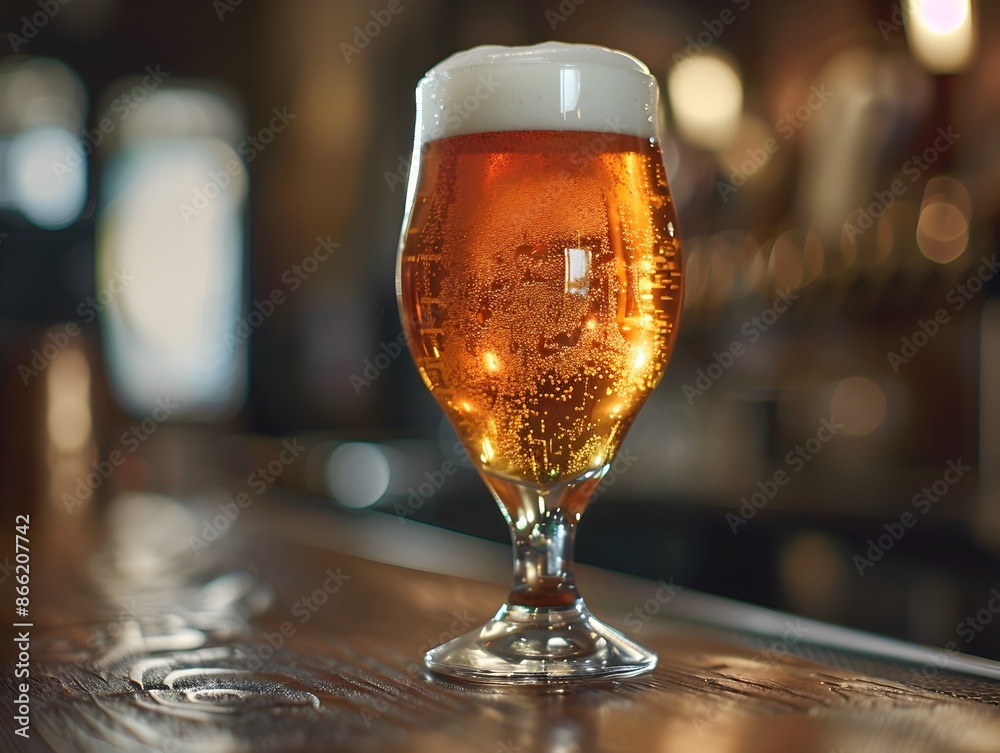 Closeup Shot of Beer Glass on Wooden Table in Bar or Pub Closeup Shot of Beer Glass on Wooden Table in Bar or Pub