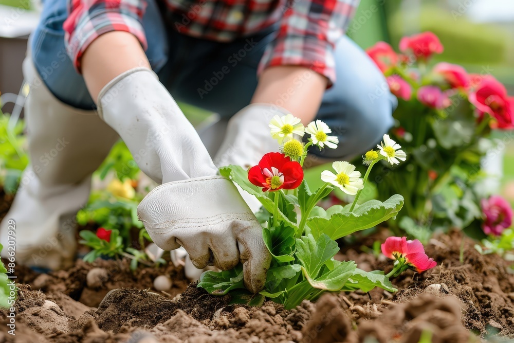 Fototapeta premium Close-up of a gardener's hands wearing gloves, planting colorful flowers in a garden bed, showcasing care and gardening.
