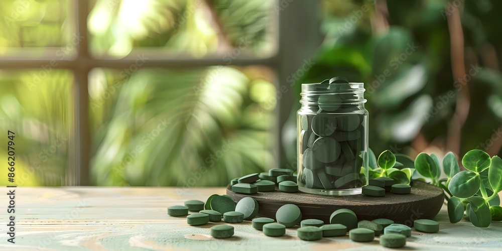 Green Plants in Blurry Background with Glass Jar of Spirulina Tablets. Concept Plants, Blurry Background, Spirulina Tablets, Glass Jar, Green Color Palette Green Plants in Blurry Background with Glass Jar of Spirulina Tablets. Concept Plants, Blurry Background, Spirulina Tablets, Glass Jar, Green Color Palette