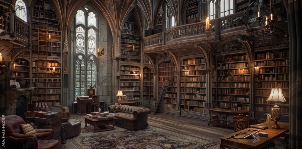 Fototapeta premium A Grand Library Filled with Books and Light