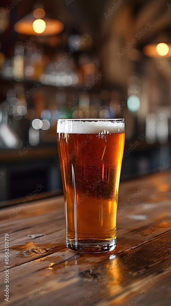 Close up of a Freshly Poured Amber Craft Beer in a Glass on a Wooden Table Close up of a Freshly Poured Amber Craft Beer in a Glass on a Wooden Table