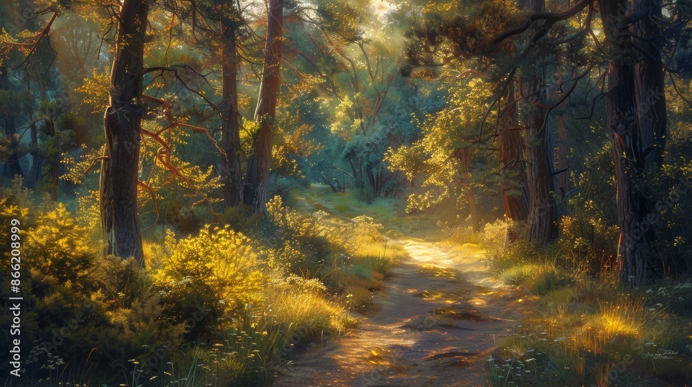 A forest trail with sunlight dappling the ground, leading to a sunlit meadow beyond A forest trail with sunlight dappling the ground, leading to a sunlit meadow beyond