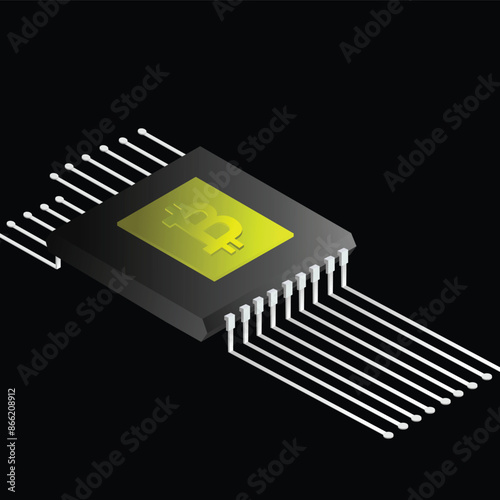 Smart Bitcoin Mining Concept With 3D Chip Illustration On Black Background.