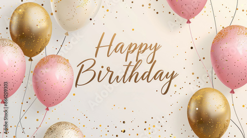 Festive birthday card with gold and pink balloons, and glitter confetti. Perfect for celebrating someone's special day.