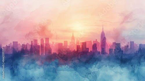 Silhouette of a city skyline at sunrise with a colorful watercolor background. © admin_design