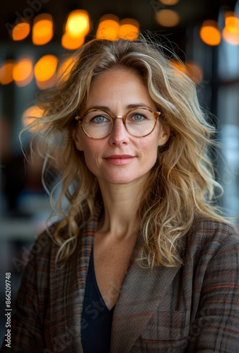 A woman with long blonde hair and glasses is smiling for the camera. She is wearing a brown jacket and a black shirt