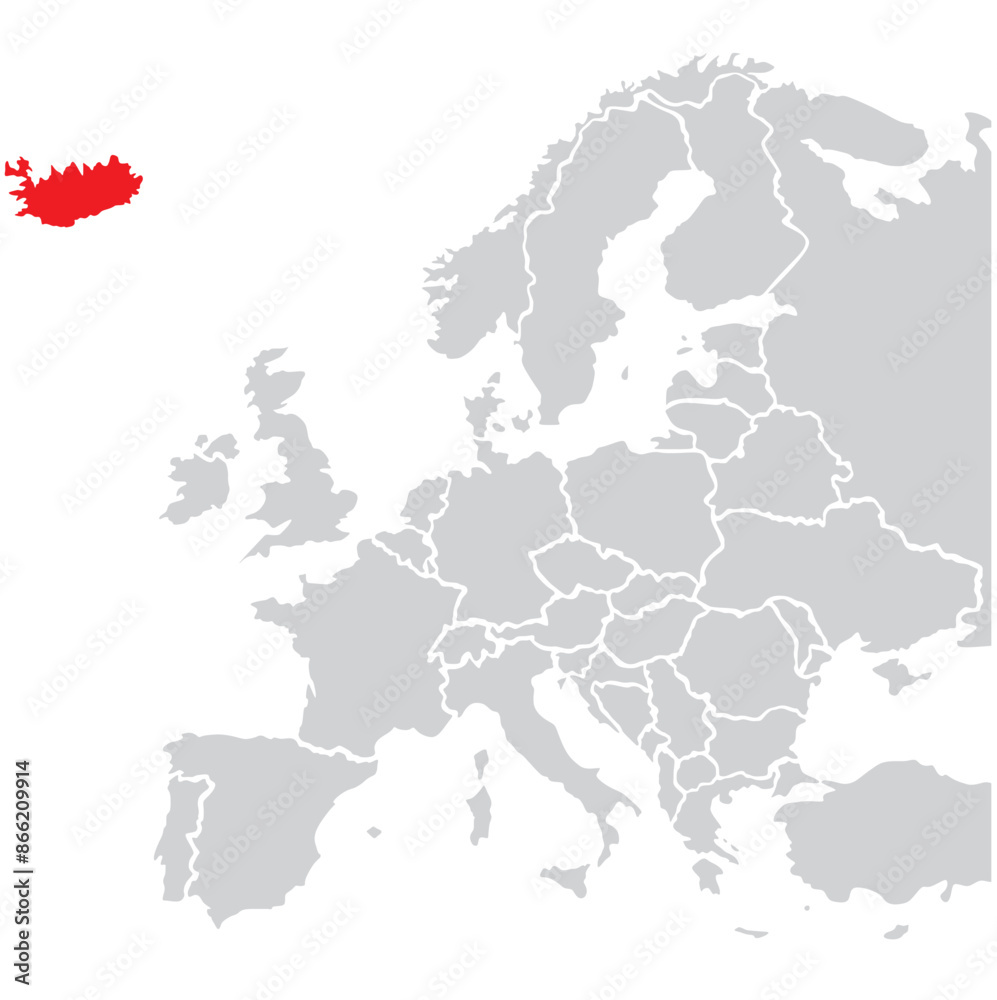 Naklejka premium Map of Iceland highligted with red in Europe map