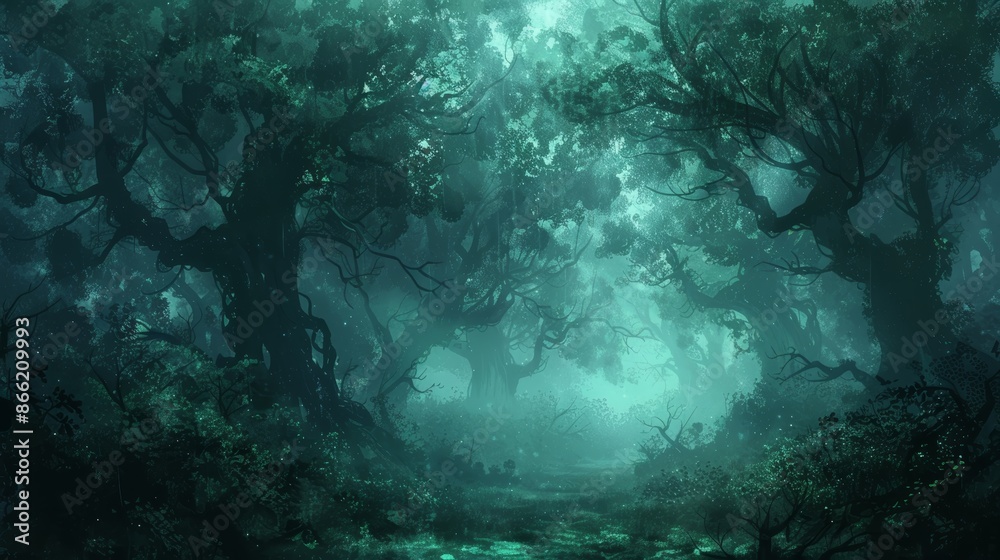 Mysterious, misty forest with tall trees and an eerie green glow. The path leads deeper into the woods, inviting exploration and adventure. Mysterious, misty forest with tall trees and an eerie green glow. The path leads deeper into the woods, inviting exploration and adventure.
