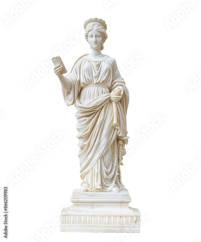 marble statue holding phone png on transparent background