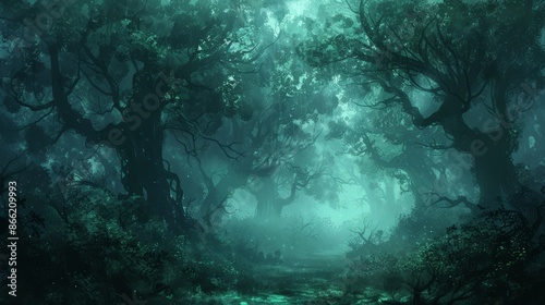Wallpaper Mural Mysterious, misty forest with tall trees and an eerie green glow. The path leads deeper into the woods, inviting exploration and adventure. Torontodigital.ca
