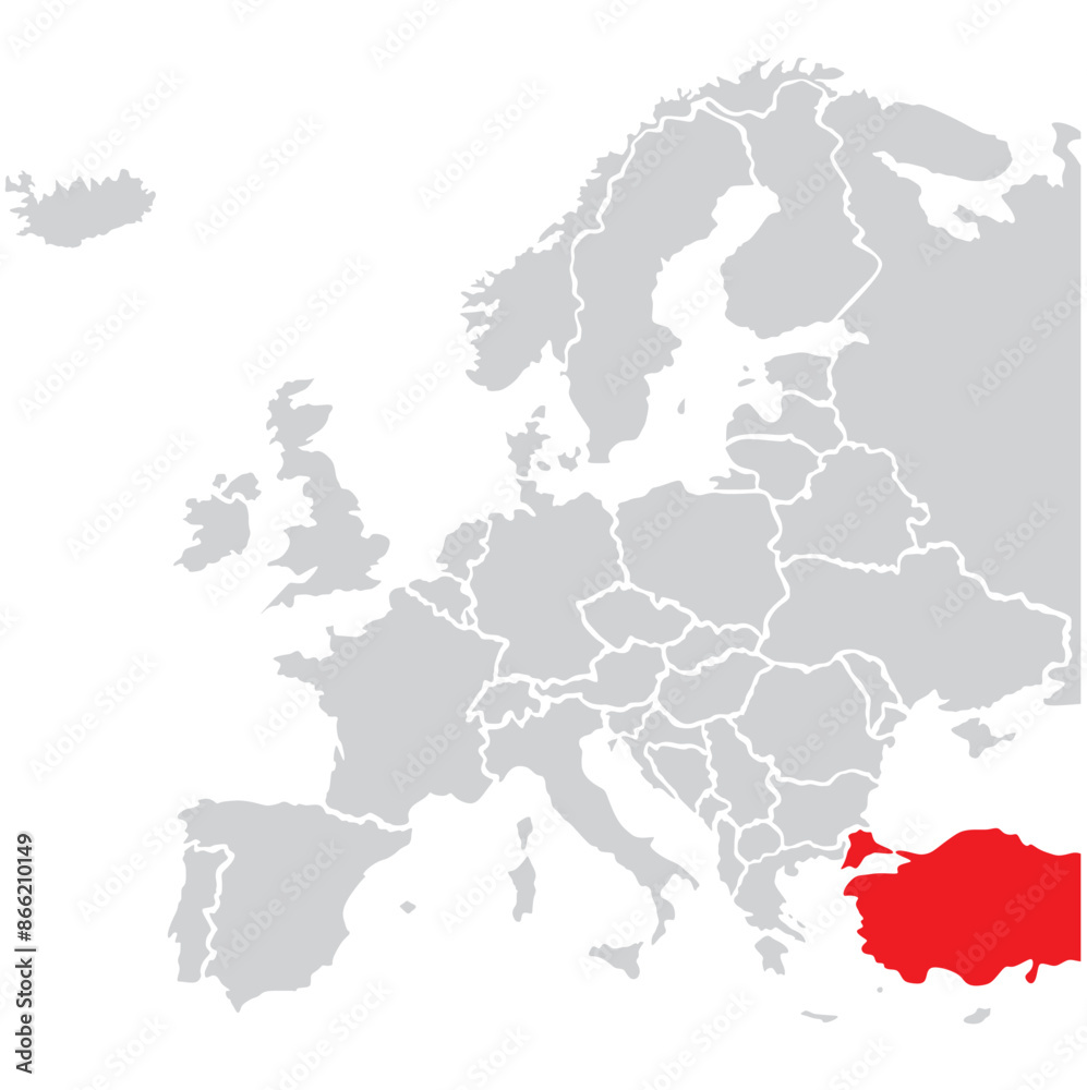 Map of Turkey highligted with red in Europe map Map of Turkey highligted with red in Europe map