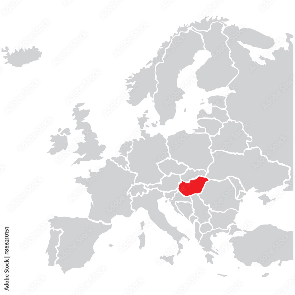 Obraz premium Map of Hungary highligted with red in Europe map.