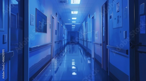 A hospital corridor at night, softly lit with only a few medical staff visible, giving it a serene and quiet atmosphere.