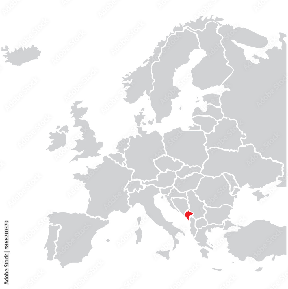 Fototapeta premium Map of Montenegro highligted with red in Europe map