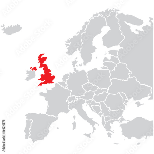 Map of United Kingdom highligted with red in Europe map photo