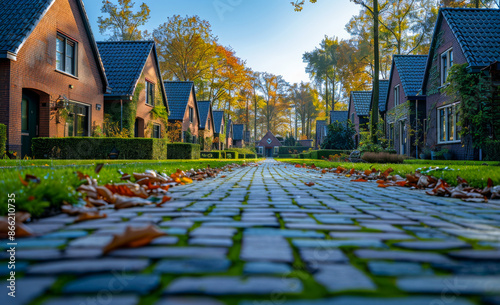 A row of houses with a brick walkway in between. The walkway is lined with leaves, giving the scene a fall atmosphere