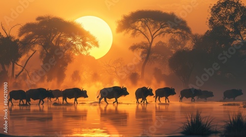 A herd of water buffalos walking in the african sunrise at a foggy pond