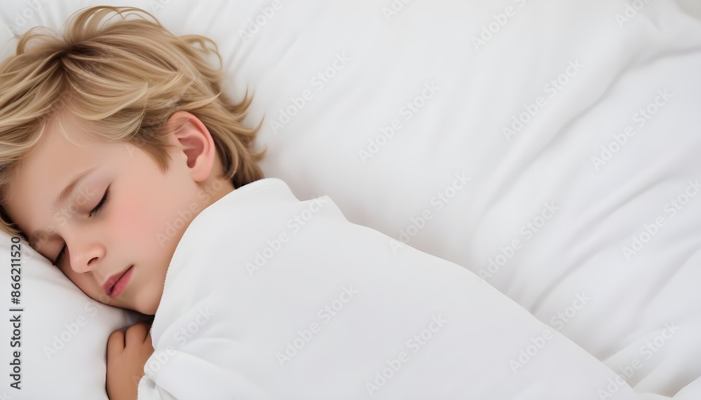 An isolated young Caucasian boy with blodne hair sleeping peacefully in a cozy white bedroom background with copy space An isolated young Caucasian boy with blodne hair sleeping peacefully in a cozy white bedroom background with copy space