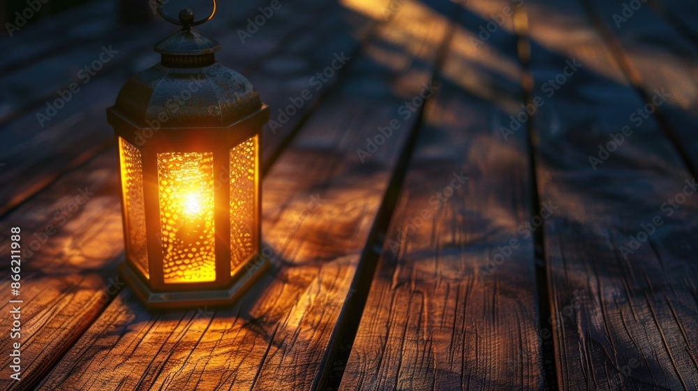 A lantern shines brightly on a wooden table A lantern shines brightly on a wooden table